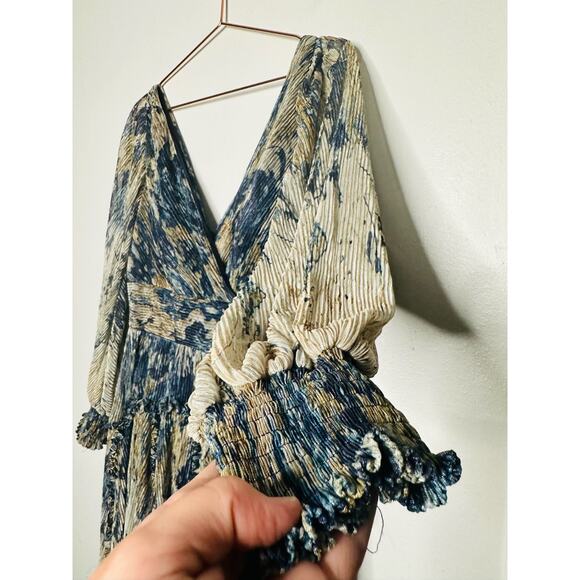 RENE RUIZ COLLECTION Blue Gold Swirled Floral Flowing Tiered Boho Maxi Dress 12 - Picture 10 of 16